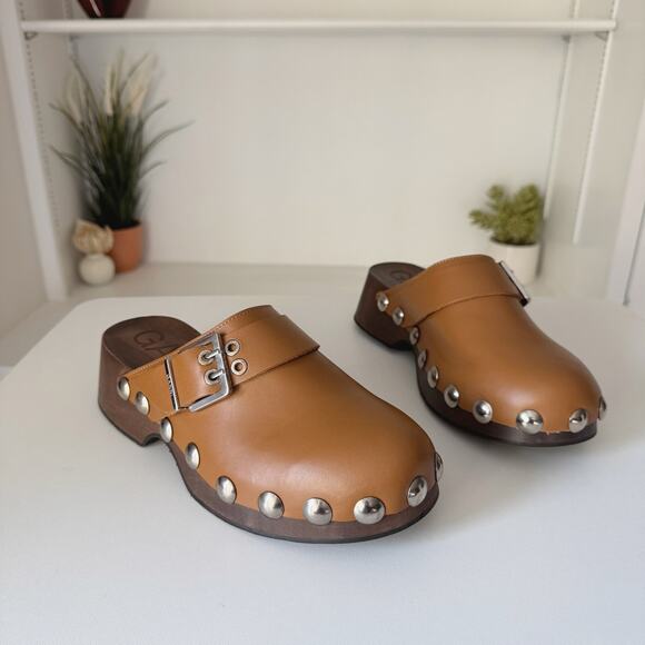 Ganni Shoes - GANNI Retro Leather Studded Platform Clog Mules in Tiger Eye Brown Size 40/10